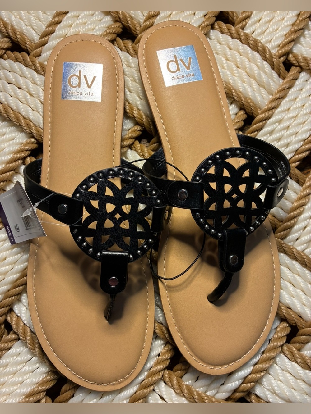 Dolce Vita Black and Tan Cutout Medallion Thong Sandals